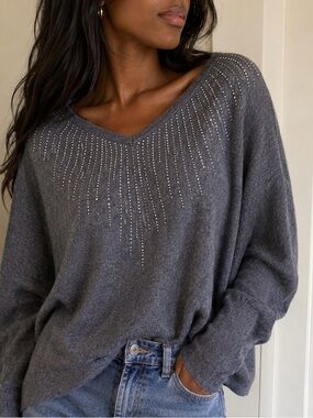 Vila Milano Rhinestone Embellished Knit‎ Sweater Heather Gray Size Large